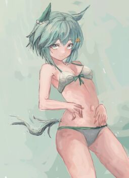 1girl animal_ears bare_shoulders bikini blue_eyes blush breasts closed_mouth ear_covers flower grey_hair hair_between_eyes hair_flower hair_ornament hairclip horse_ears horse_girl horse_tail looking_at_viewer navel seiun_sky_(umamusume) short_hair simple_background single_ear_cover small_breasts smile solo stomach sunflower sunflower_hair_ornament swimsuit tail umamusume white_bikini yanagi_wakana