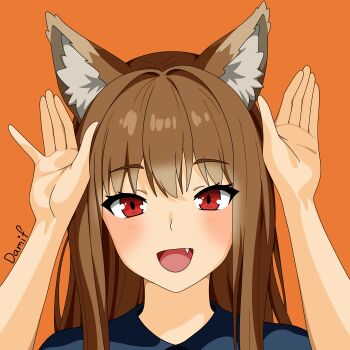 1girl :d absurdres animal_ear_fluff animal_ears blue_shirt blush brown_hair ear_gesture fabian_damif fang hands_up happy highres holo looking_at_viewer nose open_mouth orange_background portrait red_eyes shirt signature smile solo spice_and_wolf wolf wolf_ears wolf_girl