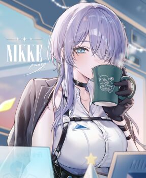 1girl black_choker black_corset black_jacket blue_eyes blush breasts brid_(nikke) brid_(silent_track)_(nikke) button_gap chest_harness choker coffee_mug collarbone collared_shirt commentary_request copyright_name corset cup drinking earrings floating_earrings gloves goddess_of_victory:_nikke grey_hair hair_between_eyes hair_down hair_over_one_eye harness highres holding holding_cup indoors jacket jacket_on_shoulders jewelry large_breasts long_hair looking_at_viewer mug official_alternate_costume official_alternate_hairstyle panj_(tsubaki_panse) pants shirt sidelocks signature sitting sleeveless solo steam upper_body white_pants white_shirt
