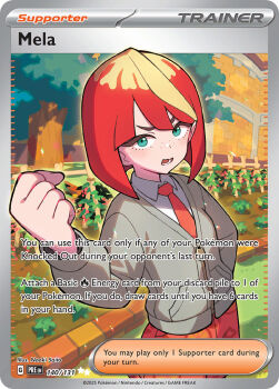 Rule 34 | 1girl, ahoge, artist name, blonde hair, card (medium), character name, clenched hand, collared shirt, company name, copyright name, copyright notice, english text, eyelashes, garden, grass, green eyes, grey jacket, hand up, jacket, long sleeves, mela (pokemon), multicolored hair, naranja academy school uniform, necktie, nintendo, official alternate costume, official alternate hairstyle, official art, open mouth, orange necktie, outdoors, pokemon, pokemon card, pokemon sv, pokemon tcg, red hair, saitou naoki, school uniform, shirt, short hair, solo, team star, teeth, third-party source, trading card, tree, two-tone hair, white shirt, zipper