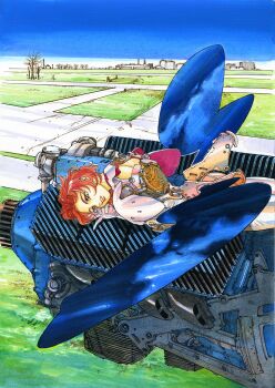 1girl back_cutout clothing_cutout grass hair_behind_ear highres lying machine mechanical_wings official_art parted_lips pilot_suit red_eyes red_hair short_hair sky smile solo wings yonemura_kouichirou yousei_tanteisha
