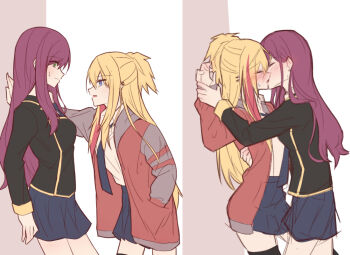 2girls black_jacket blonde_hair blue_eyes blue_necktie blue_skirt blush chinese_commentary commentary_request french_kiss green_eyes hand_on_another&#039;s_waist holding_another&#039;s_wrist jacket kabedon kiss long_hair multiple_girls necktie original purple_hair red_jacket red_streaks school_uniform shirt skirt white_shirt xiao_guan yuri