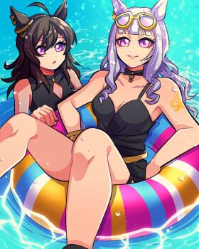 1jumangoku 2girls ahoge animal_ear_piercing animal_ears bare_arms bare_legs belt black_choker black_footwear black_garter black_one-piece_swimsuit bracelet breasts character_request choker cleavage cleavage_cutout clothing_cutout collarbone commentary_request eyelashes eyewear_on_head feet_out_of_frame fingernails frilled_thigh_strap gold_belt gold_bracelet gold_ship_(run_revolt_launcher)_(umamusume) gold_ship_(umamusume) horse_ears horse_girl innertube jewelry long_hair looking_at_viewer medium_breasts multicolored_innertube multiple_girls multiple_piercings nakayama_festa_(entrust_myself_to_the_dice)_(umamusume) nakayama_festa_(umamusume) ocean on_innertube one-piece_swimsuit parted_lips partially_submerged purple_eyes purple_hair shoulder_tattoo sidelocks sitting smile striped_innertube sunglasses swim_ring swimsuit tattoo thigh_strap triangular_eyewear umamusume upper_body wavy_hair wet yellow-framed_eyewear