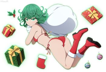 1girl absurdres ass bag bikini boots breasts carrying_over_shoulder christmas christmas_present christmas_stocking full_body fur-trimmed_boots fur_trim gift green_eyes green_hair highres holding holding_bag looking_at_viewer mistletoe one-punch_man red_bikini red_boots santa_bikini santa_costume short_hair simple_background small_breasts solo swimsuit tatsumaki thighs white_background yisusjpl