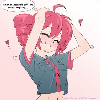 1girl ahoge closed_eyes drill_hair english_text grin highres kasane_teto navel piutahayo red_hair shirt smile solo speech_bubble twin_drills utau