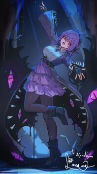 :d ahoge ankle_boots antenna_hair arm_up belt black_belt black_boots black_gloves blush boots chest_jewel commentary_request disguise fingerless_gloves frilled_shirt frilled_skirt frills gem gloves hair_between_eyes happy headphones highres jacket jewelry lansane long_sleeves looking_at_viewer looking_back mimic monster monster_girl night open_mouth original pantyhose personification photoshop_(medium) purple_eyes purple_hair purple_jacket purple_pantyhose purple_skirt sharp_teeth shirt skirt smile standing standing_on_one_leg teeth tiptoes too_many_eyes too_many_teeth transformation turning_around white_shirt