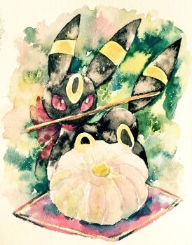 Rule 34 | animal focus, chopsticks, chopsticks in mouth, food, full body, gen 2 pokemon, mouth hold, napkin, neck ribbon, nintendo, no humans, non (kumakawayusu), painting (medium), pokemon, pokemon (creature), red eyes, ribbon, solo, traditional media, umbreon, wagashi, watercolor (medium)