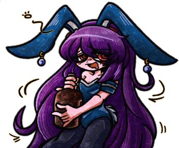 1girl alcohol alternate_costume animal_ears bare_shoulders black_pantyhose blue_gemstone blue_leotard blush bottle cowboy_shot drooling drunk earrings gem hair_between_eyes half-closed_eyes holding holding_bottle jewelry leotard long_hair looking_afar open_mouth pantyhose purple_hair rabbit_ears rabbit_girl rabbit_tail red_eyes reisen_udongein_inaba ringed_eyes sidelocks simple_background smile solo standing strapless strapless_leotard suenari_(peace) tail touhou very_long_hair wavy_hair white_background