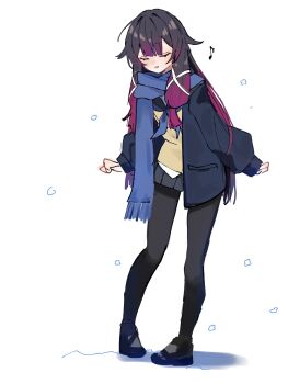 1girl alternate_costume black_hair black_jacket black_pantyhose black_shoes black_skirt blue_neckerchief blue_scarf brown_cardigan cardigan closed_eyes columbina_(genshin_impact) commentary_request facing_down full_body genshin_impact highres jacket long_hair long_sleeves miniskirt multicolored_hair musical_note neckerchief open_clothes open_jacket open_mouth pantyhose pleated_skirt purple_hair sailor_collar scarf shoes skirt snowing solo standing two-tone_hair watari_0208