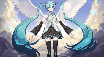 1girl angel_wings aqua_hair aqua_necktie black_thighhighs blue_eyes cloud commentary_request detached_sleeves feathered_wings feet_out_of_frame grey_shirt hatsune_miku hatsune_miku_no_gekishou_(vocaloid) headset high-waist_skirt highres long_hair miniskirt necktie number_tattoo open_hands pleated_skirt shirt shoulder_tattoo skirt sleeveless sleeveless_shirt smile solo soyaka tattoo thighhighs twintails very_long_hair vocaloid wings zettai_ryouiki