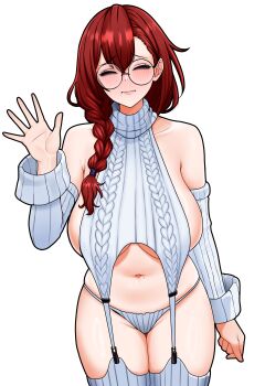 1girl absurdres bare_shoulders blush breasts closed_eyes closed_mouth collarbone detached_sleeves golbang highres large_breasts long_braid mole mole_on_stomach mole_under_mouth navel original red_hair ribbed_sleeves ribbed_thighhighs thighhighs thighs virgin_destroyer_sweater white_sleeves