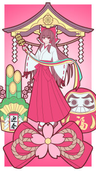 1girl absurdres alternate_costume bell bow brown_hair closed_mouth clothing_cutout commentary_request daruma_doll frilled_bow frilled_hair_tubes frills hair_bow hair_tubes hakama hakama_skirt hakurei_reimu highres hip_vent holding holding_bell japanese_clothes jingle_bell kadomatsu kagura_suzu kimono long_hair looking_at_viewer miko new_year piaoluo_de_ying_huaban red_bow red_eyes red_hakama sandals skirt smile socks solo touhou translation_request very_long_hair white_kimono white_socks