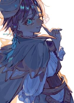 1boy androgynous arm_behind_back artist_name backlighting banthyo_hiyo belt beret black_hair blue_eyes blue_hair blush bow bowtie braid brown_belt brown_bow brown_bowtie brown_corset cape closed_mouth commentary corset fingernails frills from_behind genshin_impact gradient_hair green_cape green_hat green_shorts hair_between_eyes hand_up hat highres index_finger_raised long_sleeves looking_at_viewer looking_back male_focus multicolored_hair puffy_long_sleeves puffy_sleeves shirt short_hair shorts simple_background smile solo striped_bow striped_bowtie striped_clothes symbol-only_commentary twin_braids two-tone_hair venti_(genshin_impact) white_background white_shirt