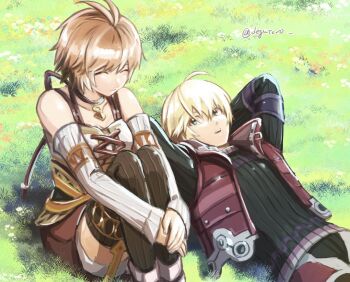 1boy 1girl armor blonde_hair blue_eyes blush breasts detached_sleeves fiora_(xenoblade) gloves highres ikki_(degutaro_) jewelry medium_breasts midriff miniskirt short_hair shulk_(xenoblade) simple_background skirt smile thighhighs vest xenoblade_chronicles_1 xenoblade_chronicles_(series)