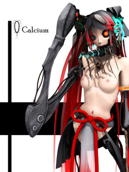 1girl 3d android aqua_eyes bone breasts ca_(deino) calne_ca_(deino) crustacean cyborg deino_(deino3330) female_focus funamushi glowing glowing_eyes hatsune_miku heterochromia highres isopod jewelry long_hair multicolored_hair nato-kun navel necklace nipples original red_hair silver_hair skull solo very_long_hair vocaloid