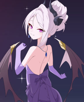1girl absurdres back blue_archive blush commentary demon_girl demon_horns demon_wings dress elbow_gloves english_commentary gloves highres hina_(blue_archive) hina_(dress)_(blue_archive) horns j_h_07 long_hair looking_at_viewer low_wings official_alternate_costume official_alternate_hairstyle purple_dress purple_eyes purple_gloves simple_background solo white_hair wings