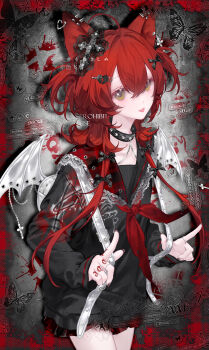 Rule 34 | 1girl, absurdres, ahoge, animal ear piercing, animal ears, backpack, bag, bat wings, black bow, black shirt, bow, brown eyes, bug, butterfly, cat ears, chain, charm (object), collar, commission, cowboy shot, cross hair ornament, fashion, flipped hair, gothic punk, hair bow, hair ornament, heart, heart hair ornament, highres, insect, long hair, long sleeves, looking at viewer, mihuashi commission, miniskirt, neckerchief, nnk (nongnong), original, plaid clothes, plaid sailor collar, plaid skirt, red hair, red neckerchief, red skirt, sailor collar, school uniform, serafuku, shirt, skirt, solo, tongue, tongue out, too many watermarks, two side up, watermark, white bag, white wings, wings, yabi fashion