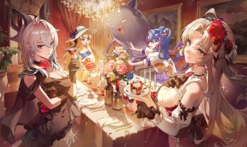 4girls absurdres ahoge alternate_costume arm_under_breasts ascot bare_shoulders bead_necklace beads black_ascot black_dress black_gloves black_horns black_jacket bottle breasts cake cake_slice candlestand carlotta_(wuthering_waves) chandelier closed_mouth collarbone commentary cup curled_horns dasha detached_sleeves dress drinking_glass earrings english_commentary flower food fork gloves grey_hair hair_between_eyes hair_flower hair_ornament hand_up has_bad_revision has_lossy_revision hat highres holding holding_cup horns indoors jacket jacket_on_shoulders jewelry large_breasts laughing long_hair looking_at_viewer md5_mismatch multiple_girls necklace open_mouth parted_bangs pero_(wuthering_waves) phoebe_(wuthering_waves) picture_frame pink_skirt plate purple_eyes purple_hair red_eyes red_flower red_rose revision roccia_(wuthering_waves) rose skirt smile teacup utensil vase white_dress white_hat wuthering_waves zani_(wuthering_waves)