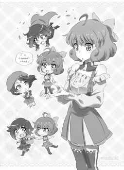 3girls ahoge android chibi ciel_soleil dual_persona english_text frilled_shirt frills gothic_lolita greyscale hat holding_hands iesupa lolita_fashion monochrome multiple_girls multiple_views penny_polendina ruby_rose rwby shirt skirt speech_bubble thighhighs