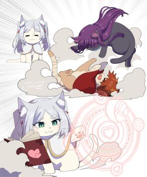 :3 :t absurdres animal animal_ear_fluff animal_focus animalization artist_name black_cat book capelet cat closed_eyes closed_mouth clothed_animal commentary_request dust_cloud fern_(sousou_no_frieren) fighting forehead frieren green_eyes heart highres j_humbo long_hair lying magic magic_circle motion_lines no_humans on_back open_book open_mouth pouncing purple_hair red_capelet red_hair signature simple_background sousou_no_frieren speed_lines stark_(sousou_no_frieren) tabby_cat tail thick_eyebrows two_side_up whiskers white_background white_capelet white_cat white_hair