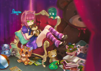 1girl aa2233a amumu animal_ears annie_(league_of_legends) backpack bag ball bear book book_stack chair character_name dress gnar_(league_of_legends) goggles goggles_on_headwear green_eyes hairband hat kog'maw league_of_legends mushroom open_book pillow pink_hair poro_(league_of_legends) purple_dress purple_skirt rammus shoes sitting skirt smile socks stitches striped_clothes striped_legwear striped_socks stuffed_animal stuffed_toy teddy_bear teemo tibbers tongue tongue_out yordle zac_(league_of_legends)