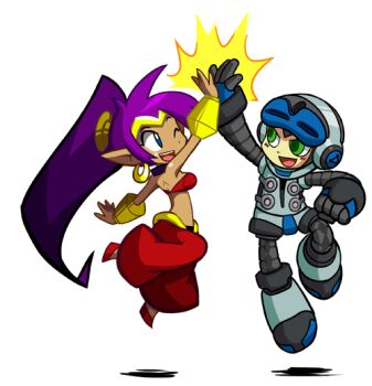 Rule 34 | 1boy, 1girl, beck (mighty no. 9), blue eyes, choker, company connection, crossover, dark skin, earrings, full body, green eyes, hair tubes, harem pants, high five, hoop earrings, jewelry, jumping, long hair, lots of jewelry, matt bozon, midriff, mighty no. 9, official art, one eye closed, pants, pointy ears, ponytail, purple hair, robot, shantae: half-genie hero, shantae, shantae (series), tiara, transparent background, very long hair, wayforward, wink