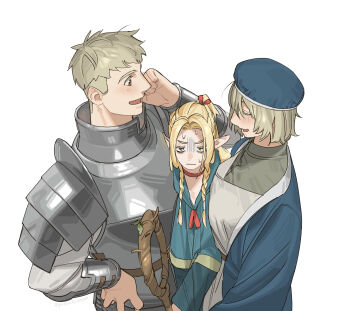 1boy 2girls armor blonde_hair blue_capelet blue_hat blue_jacket blue_robe blush braid breastplate breasts brother_and_sister capelet choker closed_eyes commentary_request dungeon_meshi elf falin_touden from_above furrowed_brow grey_robe guinea_no_akuma hair_between_eyes hair_ribbon hand_on_own_cheek hand_on_own_face hand_on_own_hip hat height_difference highres holding holding_staff jacket korean_commentary laios_touden large_breasts long_hair marcille_donato multiple_girls open_mouth parted_bangs pauldrons plate_armor pointy_ears red_choker red_ribbon ribbon robe shaded_face short_hair shoulder_armor siblings smile staff sweatdrop twin_braids upper_body white_background