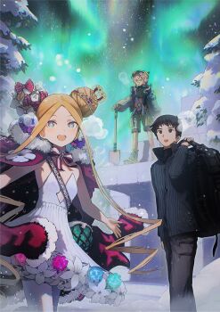 1boy 2girls abigail_williams_(fate) abigail_williams_(santa)_(fate) aurora backpack bag bandaid bandaid_on_face bandaid_on_nose black_hair blonde_hair blue_eyes blush boots bow brown_eyes cloak double_bun dress fate/grand_order fate_(series) fur-trimmed_cloak fur_trim gloves hair_bow hair_bun hat holding holding_bag holding_shovel inaeda_kei jacket long_hair long_sleeves looking_at_viewer multiple_girls night night_sky official_art open_mouth outdoors pants second-party_source shirt shizuki_soujuurou short_hair shorts shovel sky smile snowing star_(sky) stuffed_animal stuffed_toy teddy_bear tiara van_gogh_(fate) van_gogh_(miner)_(fate) white_dress winter