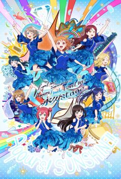 absurdres ahoge aqours_finale_lovelive!_~eikyuu_stage~ bare_shoulders black_hair blonde_hair blue_eyes blue_hair bow braid breasts brown_hair clothing_cutout concert dragon dress everyone flag footprints green_eyes grey_hair group_name hands_up highres hourglass jumping kunikida_hanamaru kurosawa_dia kurosawa_ruby long_hair loose_clothes love_live! love_live!_sunshine!! matsuura_kanan multiple_girls ohara_mari pink_eyes pink_hair pointing purple_hair rainbow reaching red_eyes red_hair sakurauchi_riko salute ship short_hair snowflakes takami_chika thighs train tsushima_yoshiko watanabe_you watercraft wavy_hair whale yellow_eyes yumechiku