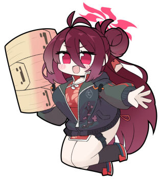 1girl :d bamboo_steamer black_jacket black_socks blue_archive blush_stickers breasts china_dress chinese_clothes dress full_body hair_between_eyes hair_bun halo jacket knees_together_feet_apart large_breasts long_hair long_sleeves looking_at_viewer miranofuudoria open_mouth pelvic_curtain puffy_long_sleeves puffy_sleeves red_dress red_eyes red_hair red_shoes reijo_(blue_archive) shoes simple_background single_side_bun smile socks solo very_long_hair white_background