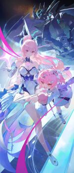 2girls absurdres aemeath_(wuthering_waves) aemeath_(young)_(wuthering_waves) age_comparison ahoge asymmetrical_footwear bare_shoulders breasts cleavage closed_mouth commentary dress elbow_gloves exostrider_(wuthering_waves) gloves hair_ornament hand_up high_ponytail highres leotard long_hair looking_at_another looking_at_object mecha medium_breasts modare multiple_girls open_mouth orange_eyes paper_airplane pink_hair ponytail robot short_twintails showgirl_skirt simple_background single_ankle_boot skirt smile space star-shaped_pupils star_(symbol) strapless strapless_leotard symbol-shaped_pupils tacet_mark_(wuthering_waves) throwing time_paradox twintails uneven_footwear white_dress white_gloves white_leotard white_skirt wuthering_waves