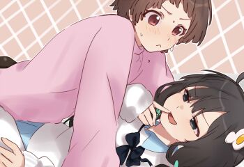 Rule 34 | 1girl, 2girls, :<, :d, ahoge, all fours, araragi tsukihi, black bow, black bowtie, black eyes, black hair, blue sailor collar, blue skirt, blush, bow, bowtie, brown background, brown eyes, brown hair, casual, choppy bangs, closed mouth, commentary, current nadeko, egg hair ornament, embarrassed, eye contact, eyelashes, finger to mouth, food-themed hair ornament, fried egg, frown, green ribbon, grid background, hair ornament, hair ribbon, highres, long hair, long sleeves, looking at another, looking down, looking up, low twintails, lying, monogatari (series), multiple girls, nademonogatari, nervous, nervous sweating, on side, open mouth, pants, pink sweater, ribbon, sailor collar, school uniform, sengoku nadeko, serafuku, shirt, short hair, skirt, sleeves past wrists, smile, solo, straddling, sweat, sweater, tsuganoki second junior high school uniform, tsugumi (tgm 615486), twintails, untranslatable commentary, v-shaped eyebrows, white pants, white shirt, yuri