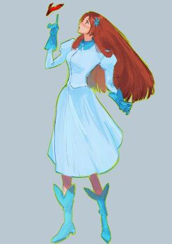 1girl absurdres bleach blue_boots blue_dress blue_gloves boots breasts brown_eyes brown_hair collared_dress dress full_body gloves grey_background hair_ornament highres inoue_orihime juliet_sleeves long_sleeves medium_breasts origoism parted_bangs puffy_sleeves shun_shun_rikka snowflake_brooch snowflake_hair_ornament solo standing