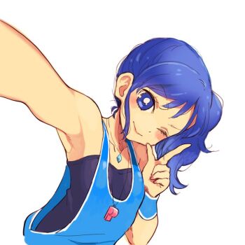 1girl aikatsu! aikatsu!_(series) basketball_jersey black_tube_top blue_eyes blue_hair commentary_request crystal flat_chest jewelry kiriya_aoi necklace one_eye_closed selfie side_ponytail solo strapless tube_top ukokkei upper_body whistle whistle_around_neck wristband