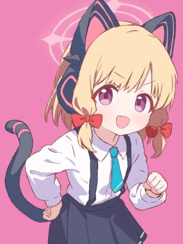 1girl :d animal_ear_headphones animal_ears black_skirt blonde_hair blue_archive blue_necktie blush bow cat_ear_headphones cat_ears cat_tail clenched_hand collared_shirt commentary cowboy_shot fake_animal_ears hair_between_eyes hair_bow halo hand_on_own_hip hand_up headphones highres long_sleeves looking_at_viewer medium_hair momoi_(blue_archive) necktie open_mouth pink_background pink_eyes pink_halo pleated_skirt red_bow school_uniform shirt sidelocks simple_background skirt smile solo suspender_skirt suspenders synaaap tail tail_raised tareme v-shaped_eyebrows white_shirt