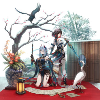 2girls absurdres back-to-back bare_shoulders bird black_bird black_gloves black_nails blue_pupils breasts bright_pupils brown_hair calligraphy_brush chinese_clothes colored_inner_hair commentary_request dagger detached_sleeves full_body gloves grey_eyes grey_hair hair_between_eyes hair_ornament hanya_(honkai:_star_rail) highres holding holding_brush holding_calligraphy_brush holding_dagger holding_knife holding_paintbrush holding_scroll holding_weapon honkai:_star_rail honkai_(series) kneeling knife lantern large_breasts long_hair looking_at_viewer looking_back michiko_(ui29) multicolored_hair multiple_girls nail_polish paintbrush parted_lips red_eyes reverse_grip scroll see-through_cleavage see-through_clothes short_hair siblings sisters standing toenail_polish toenails tree vase weapon white_bird white_pupils xueyi_(honkai:_star_rail)