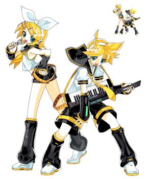 1boy 1girl aqua_eyes black_sailor_collar black_shorts black_sleeves black_socks blonde_hair breasts computer_keyboard detached_sleeves full_body hair_ornament hair_ribbon hairband hairclip hand_on_own_hip headset highres holding holding_computer_keyboard holding_microphone instrument kagamine_len kagamine_rin keytar loose_socks microphone midriff myakmyac open_mouth parallel_hairclips ponytail puffy_short_sleeves puffy_sleeves reference_inset ribbon sailor_collar shirt shoes short_ponytail short_shorts short_sleeves shorts sleeveless sleeveless_shirt small_breasts smile socks swept_bangs vocaloid white_hairband white_ribbon white_shirt white_shoes yellow_trim