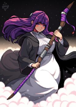 1girl absurdres artist_name aseprite_(medium) blush breasts commentary curvy dress english_commentary fern_(sousou_no_frieren) highres holding holding_staff large_breasts long_hair long_sleeves looking_at_viewer pixel_art purple_eyes purple_hair solo sousou_no_frieren staff thick_thighs thighs white_dress wide_hips yumykon