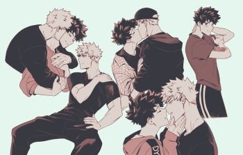 Rule 34 | 2boys, 5mll3, arm around shoulder, arms up, bakugou katsuki, baseball cap, boku no hero academia, closed mouth, crew neck, cropped legs, grey background, hand on another's arm, hand on another's face, hand on another's shoulder, hand on own neck, hands on own arm, hat, hood, hood down, hoodie, hug, hug from behind, imminent kiss, invisible chair, kiss, lapels, looking to the side, male focus, midoriya izuku, multiple boys, multiple views, notched lapels, open clothes, open mouth, open shirt, pants, plaid clothes, plaid shirt, scar, scar on face, shirt, short hair, short sleeves, sideways glance, simple background, sitting, sleeves past wrists, sleeves rolled up, smile, spiked hair, striped clothes, striped pants, t-shirt, vertical-striped clothes, vertical-striped pants, watch, wristwatch, yaoi