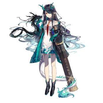 1girl absurdres arknights bare_shoulders black_hair black_jacket boots breasts chinese_clothes colored_extremities colored_skin commentary_request dragon dragon_girl dragon_horns dragon_tail dress dusk_(arknights) earrings eastern_dragon_tail fire flame-tipped_tail full_body green_skin hair_over_one_eye highres holding horns jacket jewelry liang_yu_ji_lai long_hair looking_at_viewer multicolored_hair necktie off_shoulder open_clothes pointy_ears red_eyes red_necktie simple_background sleeveless sleeveless_dress solo standing tail very_long_hair wavy_hair white_background white_dress