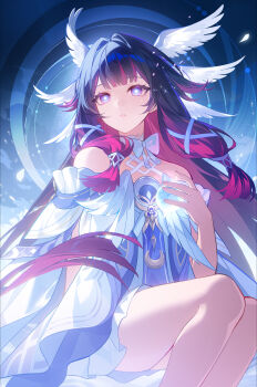 Rule 34 | 1girl, absurdres, bare shoulders, chinese commentary, columbina (genshin impact), commentary request, fengtu ad, genshin impact, glowing, hair ornament, highres, holding, long hair, multicolored hair, petals, solo, two-tone hair, white wings, wing hair ornament, wings