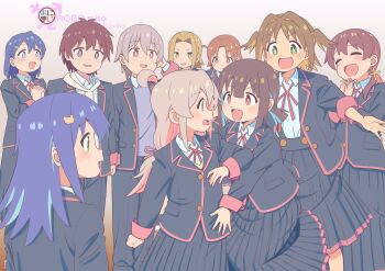 Rule 34 | + +, 2boys, 6+girls, = =, ahoge, blue eyes, blue hair, blush, brown eyes, brown hair, closed eyes, fang, genderswap, genderswap (mtf), green eyes, hair ornament, hair ribbon, highres, hozuki momiji, jacket, light brown hair, long sleeves, looking at another, multiple boys, multiple girls, murosaki miyo, neck ribbon, oka asahi, onii-chan wa oshimai!, open clothes, open jacket, open mouth, oyama mahiro, pink hair, red eyes, ribbon, robomito, sakurada yuuta, school uniform, senkawa minato, shiina minori, short hair, skirt, suspender skirt, suspenders, tachikawa aoi, takada satsuki, tenkawa nayuta, yellow eyes