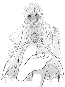 1girl barefoot blush feet gradient_eyes highres long_hair looking_at_viewer meteo monochrome multicolored_eyes open_mouth pointy_ears socks soles toes unworn_socks vivian_banshee zenless_zone_zero