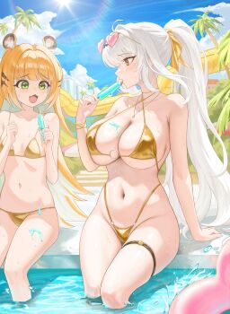 2girls absurdres ahoge animal_ear_fluff animal_ears arm_support bare_shoulders bikini blue_sky breasts cleavage colored_inner_hair commentary fang food gold_bikini green_eyes gundam gundam_build_fighters heart heart-shaped_eyewear heine_(haloo1101) highleg highleg_bikini highres holding holding_food holding_popsicle innertube jewelry ju_fufu large_breasts licking loli long_hair looking_at_another melting_popsicle micro_bikini mole mole_on_breast mole_on_chest multicolored_fur multicolored_hair multiple_girls navel necklace o-ring o-ring_bikini open_mouth outdoors palm_tree ponytail pool popsicle sitting sky small_breasts splashing striped_fur striped_hair swim_ring swimsuit symbol-only_commentary tiger_ears tiger_girl tongue tongue_out tree underboob wading water white_hair yellow_eyes yin_yang_pin yixuan_(zenless_zone_zero) zenless_zone_zero