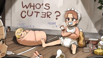 4girls baby baby_animal baby_bottle barefoot bird blonde_hair bottle brown_hair bunny_nun_(diva) chicken closed_eyes clumsy_nun_(diva) commentary diaper diva_(hyxpk) duck duckling eggshell_hat english_commentary graffiti grey_hair hair_ornament hanging_plant highres hungry_nun_(diva) little_nuns_(diva) mouse_(animal) mouse_hole multiple_girls nun pacifier rabbit_hair_ornament sleeping smug_nun_(diva) sulking traditional_nun