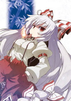 1girl akaneya bad_id bad_pixiv_id bow breasts female_focus fire fire fujiwara_no_mokou hair_bow hair_ribbon hands_in_pockets long_hair mouth_hold ofuda pants red_eyes ribbon solo suspenders touhou very_long_hair white_hair