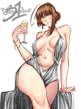 1girl absurdres ahoge alcohol antenna_hair backless_dress backless_outfit blush bracelet braid breasts bun_with_braided_base center_opening champagne cleavage cocktail_dress commentary cowl_neck cup dated double_bun dress drinking_glass duvalie eiyuu_densetsu english_commentary english_text glass glitter_dress green_eyes hair_between_eyes hair_bun halter_dress halterneck highres holding holding_cup jewelry looking_at_viewer moren_eh navel new_year open_mouth plunging_neckline revealing_clothes sen_no_kiseki_(series) short_hair sideboob sideless_dress silver_dress simple_background smile solo stomach upper_body white_background wine_glass