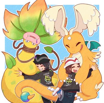 1boy 1girl black_hair black_hat blush brown_hair claws closed_eyes colored_skin denim dragon dragonite fangs feathered_wings full_body gen_1_pokemon green_jacket happy harmony_(pokemon) hat head_wings horns hug jacket l1mbolots leaf long_sleeves mega_dragonite mega_pokemon mega_victreebel nintendo open_clothes open_jacket open_mouth pants paxton_(pokemon) pink_lips plant plant_monster pokemon pokemon_(creature) pokemon_legends:_z-a shirt shoes short_hair single_horn smile tail teeth victreebel vines white_hat white_shirt wings yellow_skin