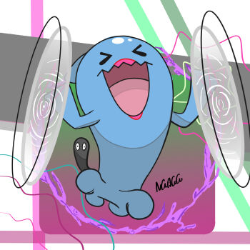 Rule 34 | > <, closed eyes, commentary request, full body, gen 2 pokemon, highres, mirror coat (pokemon), ngagg, nintendo, no humans, open mouth, pink lips, pokemon, pokemon (creature), pokemon focus, pokemon move, signature, smile, solo, wobbuffet