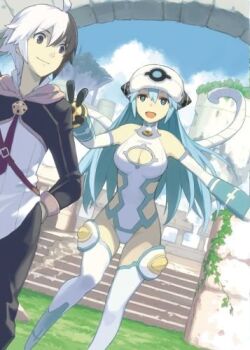 1boy 1girl blue_hair breasts cleavage eiyuu_kyoushitsu expressionless iona_(eiyuu_kyoushitsu) large_breasts morisawa_haruyuki official_art robot source_request tagme